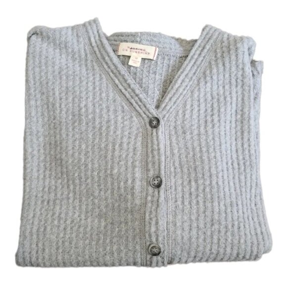 WALKING On Sunshine Grey Waffle Knit Front Tie Cardigan Sweater Size L - Picture 7 of 8